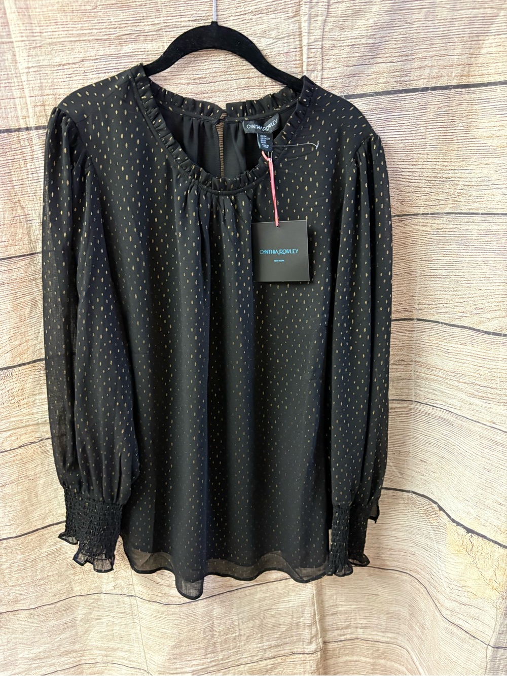 😍 NWT Cynthia Rowley Black Blouse with Gold Pin Dot Print
